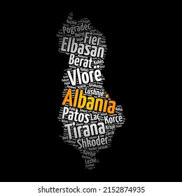 List of cities and towns in Albania, map word cloud collage, business and travel concept background