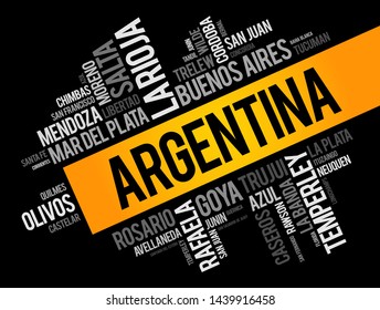 List of cities and towns in Argentina, word cloud collage, business and travel concept background