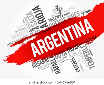 List of cities and towns in Argentina, word cloud collage, business and travel concept background