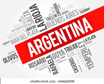 List of cities and towns in Argentina, word cloud collage, business and travel concept background