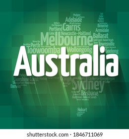 List of cities and towns in Australia, map word cloud, business and travel concept background