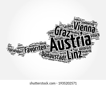 Liste der Städte und Städte in ÖSTERREICH, Karte des Wortwolke-Collage, Hintergrund des Geschäfts- und Reisekonzepts