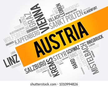 List of cities and towns in AUSTRIA, word cloud collage, business and travel concept background