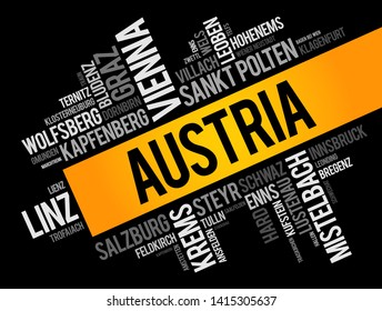 List of cities and towns in AUSTRIA, word cloud collage, business and travel concept background