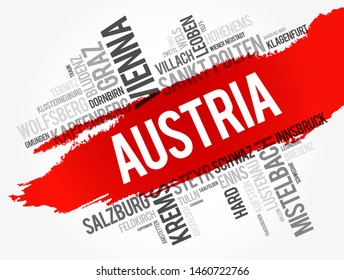 List of cities and towns in AUSTRIA, word cloud collage, business and travel concept background