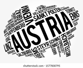 List of cities and towns in AUSTRIA, word cloud collage, business and travel concept background