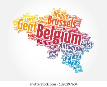 List of cities and towns in Belgium, map word cloud collage, business and travel concept background