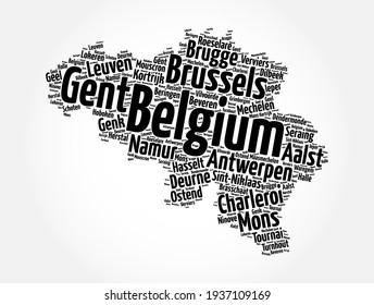 List of cities and towns in Belgium, map word cloud collage, business and travel concept background