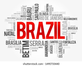 List of cities and towns in Brazil, word cloud collage, business and travel concept background