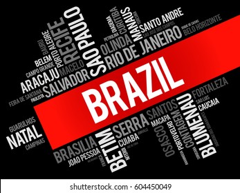 List of cities and towns in Brazil, word cloud collage, business and travel concept background