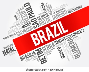 List of cities and towns in Brazil, word cloud collage, business and travel concept background