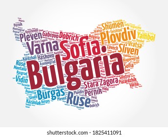 List of cities and towns in Bulgaria, map word cloud collage, business and travel concept background