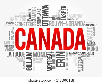 List of cities and towns in Canada, word cloud collage, business and travel concept background