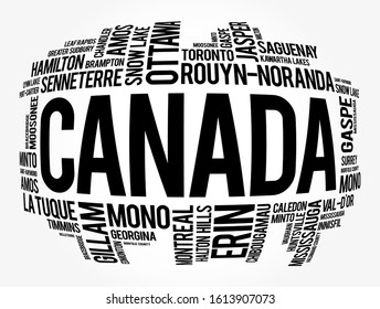 List of cities and towns in Canada, word cloud collage, business and travel concept background