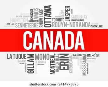 List of cities and towns in Canada, word cloud collage, business and travel concept background