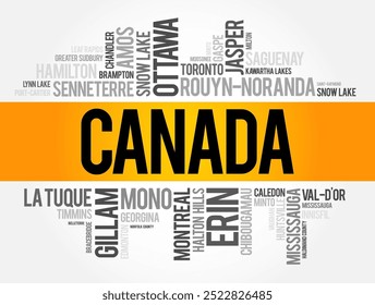 List of cities and towns in Canada, word cloud collage, business and travel concept background