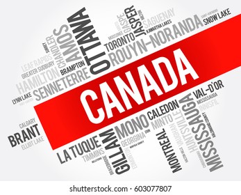 List of cities and towns in Canada, word cloud collage, business and travel concept background