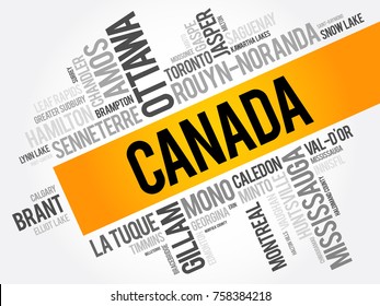 List of cities and towns in Canada, word cloud collage, business and travel concept background