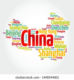 List of cities and towns in CHINA, map word cloud, business and travel concept background