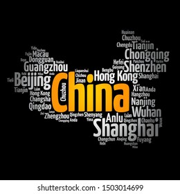 List of cities and towns in CHINA, map word cloud, business and travel concept background