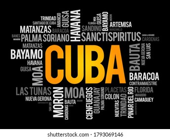 List of cities and towns in Cuba, word cloud collage, business and travel concept background