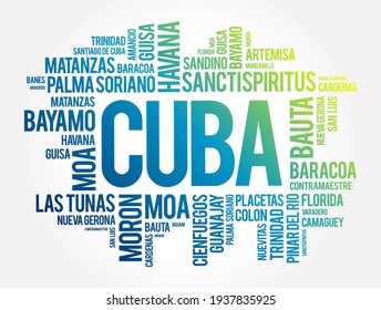 List of cities and towns in Cuba, word cloud collage, business and travel concept background