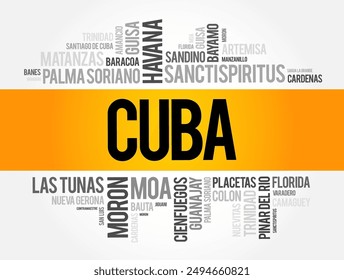 List of cities and towns in Cuba, word cloud collage, business and travel concept background