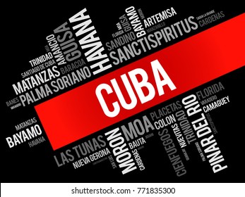 List of cities and towns in Cuba, word cloud collage, business and travel concept background