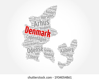 List of cities and towns in Denmark, map word cloud collage, business and travel concept background