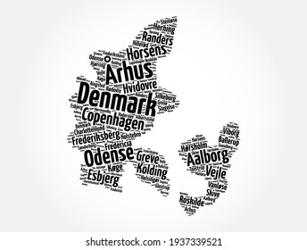 List of cities and towns in Denmark, map word cloud collage, business and travel concept background