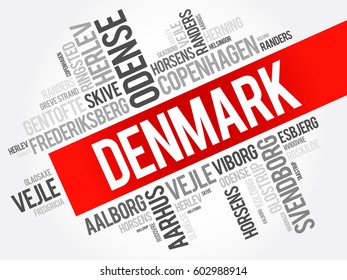 List of cities and towns in Denmark, word cloud collage, business and travel concept background