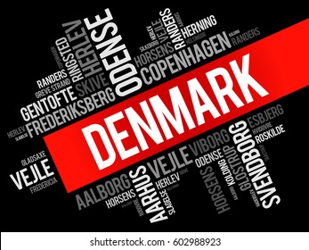 List of cities and towns in Denmark, word cloud collage, business and travel concept background