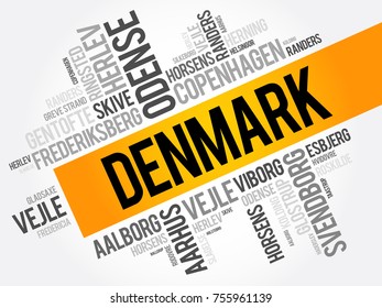 List of cities and towns in Denmark, word cloud collage, business and travel concept background