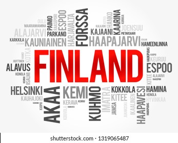 List of cities and towns in Finland, word cloud collage, business and travel concept background