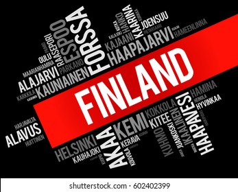 List of cities and towns in Finland, word cloud collage, business and travel concept background