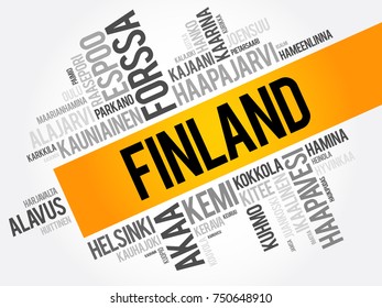 List of cities and towns in Finland, word cloud collage, business and travel concept background