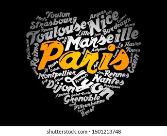 List of cities and towns in France composed in love sign heart shape, word cloud collage