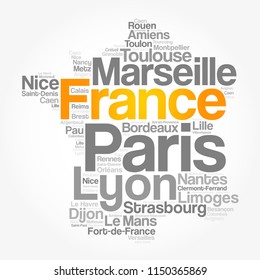 List of cities and towns in FRANCE, map word cloud collage, business and travel concept background