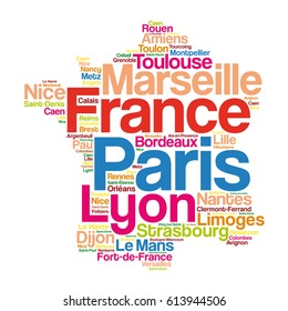 List of cities and towns in FRANCE, map word cloud collage, business and travel concept background