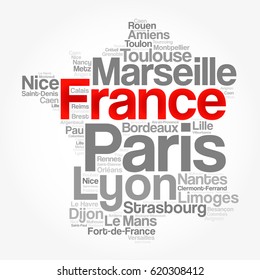 List of cities and towns in FRANCE, map word cloud collage, business and travel concept background