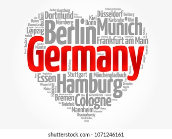 List of cities and towns in Germany composed in love sign heart shape, word cloud collage, business and travel concept background