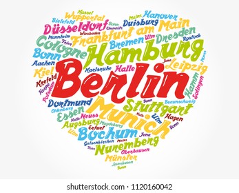 List of cities and towns in Germany composed in love sign heart shape, word cloud collage, business and travel concept background