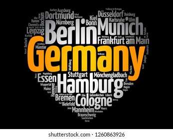 List of cities and towns in Germany composed in love sign heart shape, word cloud collage, business and travel concept background