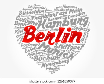 List of cities and towns in Germany composed in love sign heart shape, word cloud collage, business and travel concept background