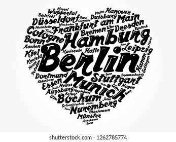 List of cities and towns in Germany composed in love sign heart shape, word cloud collage, business and travel concept background