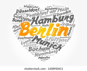 List of cities and towns in Germany composed in love sign heart shape, word cloud collage, business and travel concept background