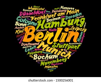 List of cities and towns in Germany composed in love sign heart shape, word cloud collage, business and travel concept background