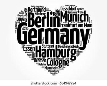 List of cities and towns in Germany composed in love sign heart shape, word cloud collage, business and travel concept background