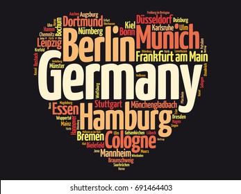 List of cities and towns in Germany composed in love sign heart shape, word cloud collage, business and travel concept background