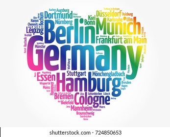 List of cities and towns in Germany composed in love sign heart shape, word cloud collage, business and travel concept background